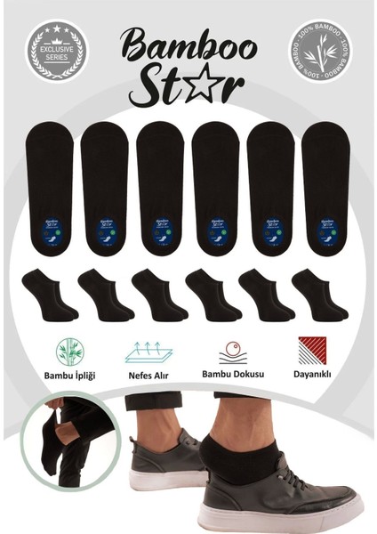 Bambu Erkek Sneaker Siyah Çorap Dikişsiz Görünmez Bilekte Görünmez Spor Çorap Premium 6'lı Paket