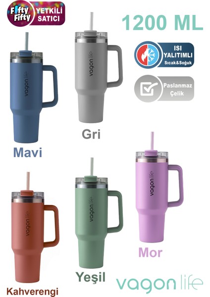 Quencher Cup 1200 ml Pipetli/rahat Içim Kulplu Paslanmaz Çelik Termos -FFVGN0581200ML