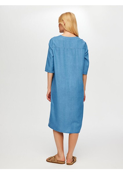 Soyut Aplike Detaylı V Yaka Tenselli Jean Elbise S25JEL001 indirimleri