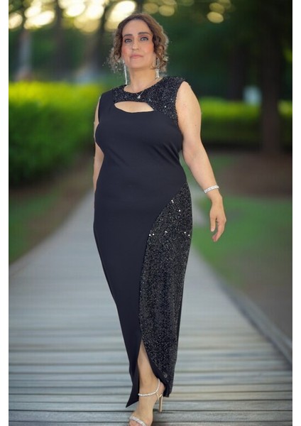 Omuz ve Etekte Taş Işlemeli Jopone Kol Bisiklet Yaka Büyük Beden Uzun Abiye Elbise modelleri