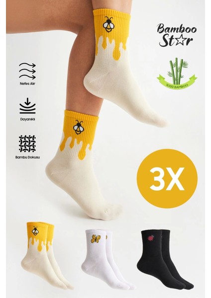 Bambu Kadın Dikişsiz (Arı-Kelebek-Uğur Böcek) Desenli Tenis Soket Premium Çorap 3lü