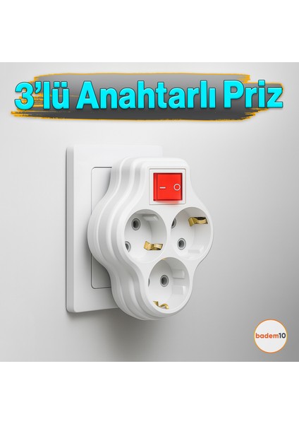 3'lü Beyaz Grup Priz Golyat Düğmeli Fiş Kablosuz Açma Kapamalı Anahtarlı Topraklı Çoklu Çoğaltıcı