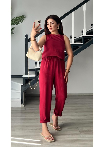 Orj.marka Kırmızı Modal Kumaş Kolsuz Bluz-Pantolon Takım