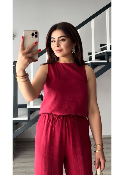 Orj.marka Kırmızı Modal Kumaş Kolsuz Bluz-Pantolon Takım modelleri
