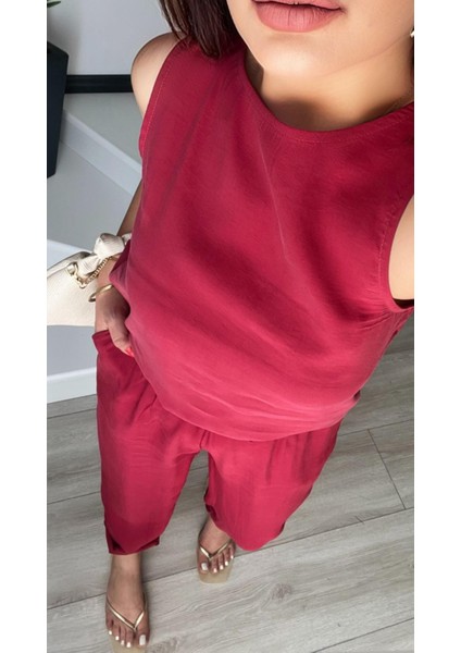 Orj.marka Kırmızı Modal Kumaş Kolsuz Bluz-Pantolon Takım fırsatları