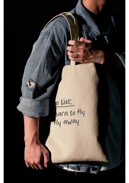 To Do List - Fly Away Tipografik Nakışlı Bez Çanta 35X40 cm – Kalın Kanvas Kumaş