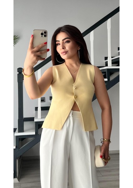 Sarı Gold Düğme Çelik Triko Yelek indirimleri