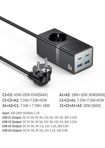 Akım Korumalı USB Type-C Priz Uzatma Kablosu Çok Amaçlı Şarj Cihazı Çoklu Priz 1.5m 2500W 65W Output modelleri