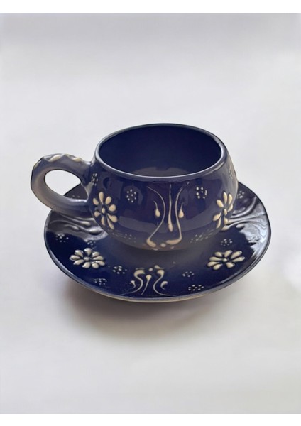 Dekoratif Şık Tasarım Tamamen El Yapımı Lacivert 1 Kişilik Kahve Fincanı