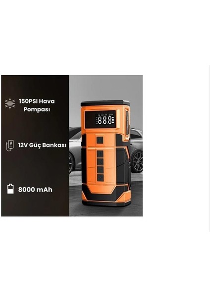 Kablosuz Şarjlı Taşınabilir Araç Akü Takviyeli, Powerbank Destekli Oto Hava Kompresörü fiyatları