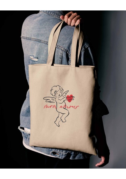 Mon Amour - Mitolojik Cupid Nakışlı Krem Bez Çanta 35X40 cm – Kalın Kanvas Kumaş