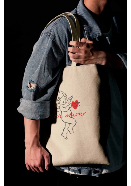 Mon Amour - Mitolojik Cupid Nakışlı Krem Bez Çanta 35X40 cm – Kalın Kanvas Kumaş fiyatları