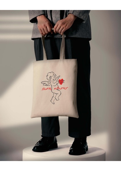 Mon Amour - Mitolojik Cupid Nakışlı Krem Bez Çanta 35X40 cm – Kalın Kanvas Kumaş modelleri