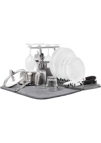 Udry Bulaşıklık ve Mikrofiber Kurutma Matı, Yerden Tasarruf Sağlayan Tasarım, Kolay Saklama Için Katlanır, Kutulu Raf, Gri