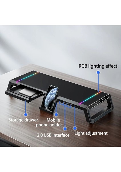 • ışıklı Katlanabilir Yükseklik Ayarlı Monitör Standı Klavye Mouse Depolama 4 USB Hub Rgb fiyatları