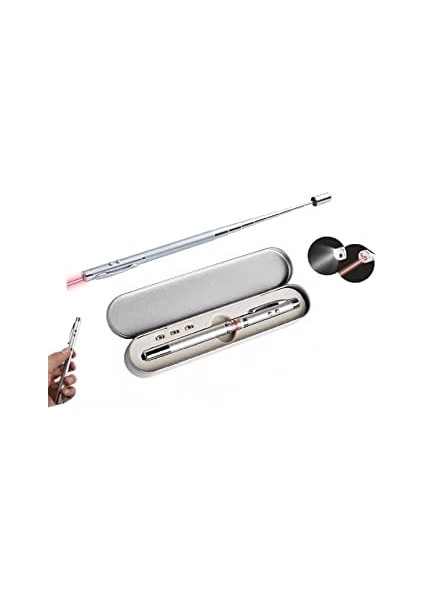 Kutulu Kırmızı Lazerli, LED Işıklı Mıknatıslı Pointer Kalemi Işaretçi Uzayabilen Sunum Çubuğu Teleskopik Metal Tükenmez Kalem (PRS-1521G)