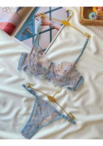 Mavi-Lila Çiçekli Balenli Dantelli Sütyen Tanga Takımı