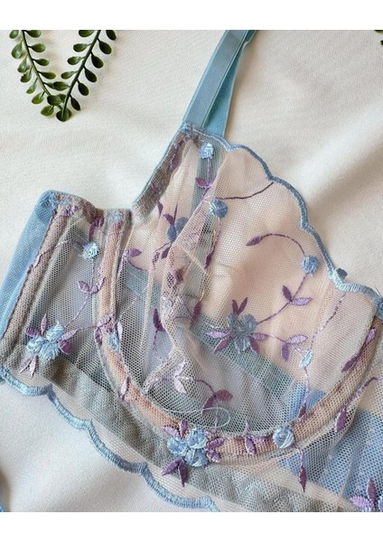 Mavi-Lila Çiçekli Balenli Dantelli Sütyen Tanga Takımı fiyatları