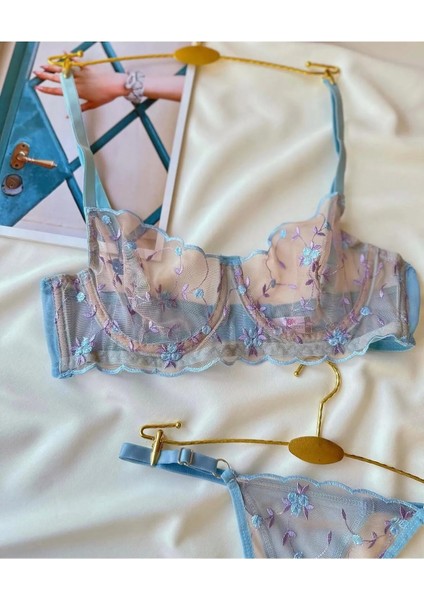 Mavi-Lila Çiçekli Balenli Dantelli Sütyen Tanga Takımı modelleri