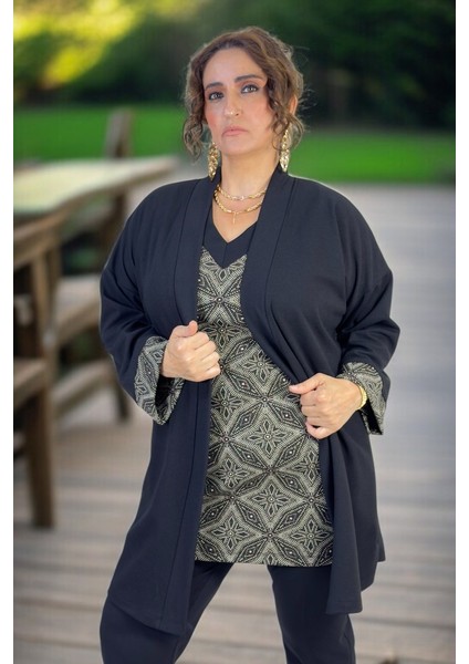 Yıldız Desenli Kendinden Simli Kısa Kol Bluz Truvakar Kol Şal Yaka Ceket Ikili Takım