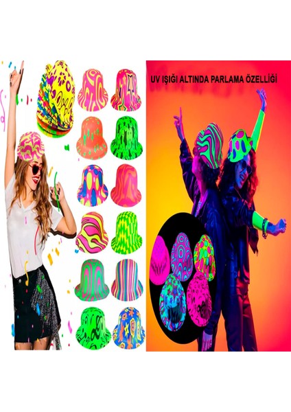Özel Farklı Desenlerde Plastik Neon Uv Işık Parti Şapkası Fırsat!!!