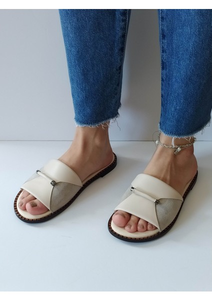 Kadın Bej Hakiki Deri Önden Tokalı Düz Günlük Şık Terlik modelleri