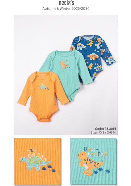 Organik Dinozor Desenli Bebek Zıbın Seti | 3’lü Badi Takım (0-3 / 3-6 Ay Seçenekli)