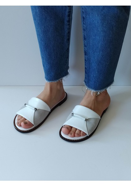 Kadın Beyaz Hakiki Deri Önden Tokalı Düz Günlük Şık Terlik modelleri