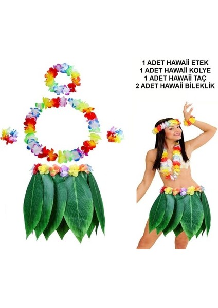 Özel Yetişkin Hawaii Kostüm Seti - Yaprak Etek &amp; Hawaii Set - 5 Parça Fırsat!!!