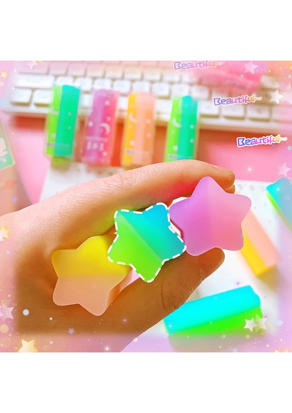 Lucky Star Yıldız Desenli Gökkuşağı Renkli Silgi Seti, 3'lü Paket, Ay ve Yıldız Temalı
