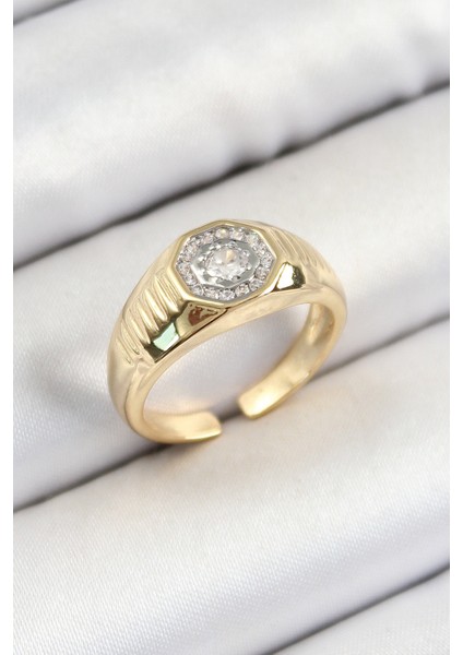 Pirinç Zirkon Taşlı Sekizgen Model Gold Renk Kadın Yüzük