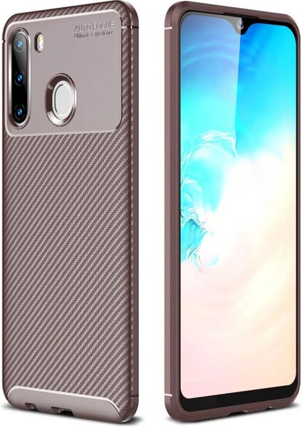 Samsung Galaxy A21 Kılıf Auto Focus Karbon Kapak - Kahverengi – Darbe Koruma