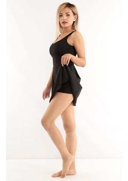 Kadın Büyük Beden Bitişik Şortlu Likralı Kumaş Elbiseli Mayo