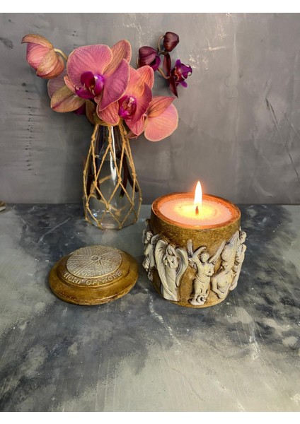 Melek Detaylı Antik Kutu ve Inci Tozu Mum