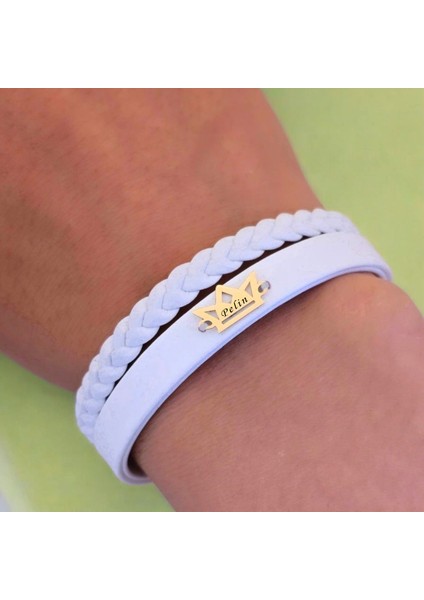 Pelin İsmine Özel Taç Figürlü 14 Ayar Altın Plakalı Doğal Beyaz Derili Hediye Bileklik-500İsim fırsatları