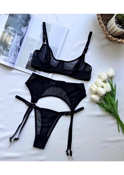 Siyah Tül Detaylı Jartiyer Takım