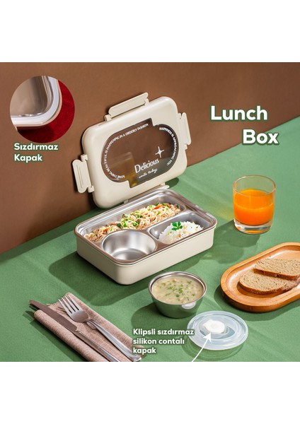 3111 Paslanmaz Çelik 3 Bölmeli Vakumlu Yemek Termosu Beslenme Kutusu Taşınabilir Lunch Box Sefer Tası - Krem