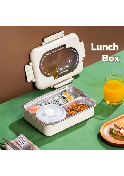 3111 Paslanmaz Çelik 3 Bölmeli Vakumlu Yemek Termosu Beslenme Kutusu Taşınabilir Lunch Box Sefer Tası - Krem fiyatları