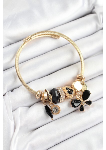 316L Çelik Siyah Zirkon Taşlı Kelebek Model Gold Renk Charm Bileklik