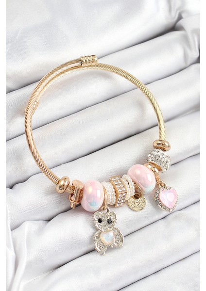 316L Çelik Pembe Zirkon Taşlı Ayıcık ve Kalp Model Gold Renk Charm Bileklik