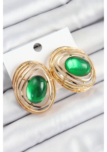 Pirinç Zümrüt Yeşili Zirkon Taşlı Oval Model Gold Renk Kadın Küpe