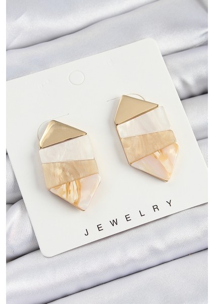 Pirinç Mermer Desenli Vintage Geometrik Model Gold Renk Kadın Küpe