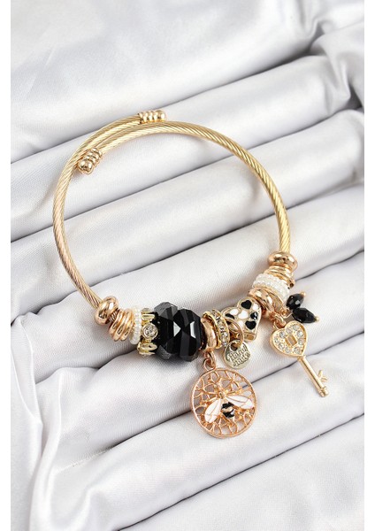 316L Çelik Siyah Zirkon Taşlı Baykuş Arı ve Anahtar Model Gold Renk Charm Bileklik
