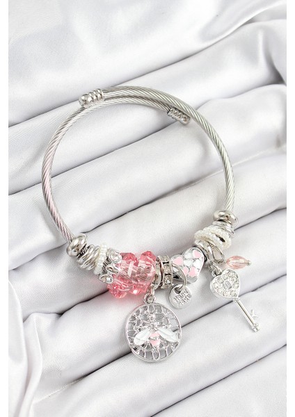 316L Çelik Pembe Zirkon Taşlı Baykuş Arı ve Anahtar Model Gümüş Renk Charm Bileklik