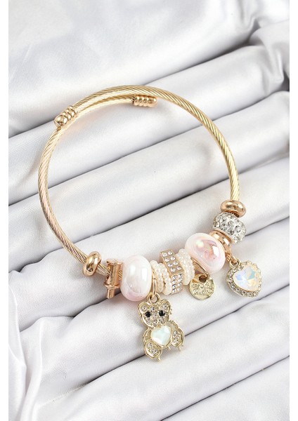 316L Çelik Beyaz Zirkon Taşlı Ayıcık ve Kalp Model Gold Renk Charm Bileklik