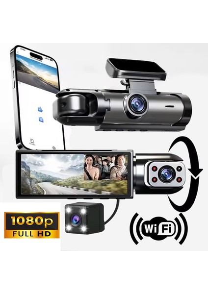 Geniş Açı 1080P Full Hd 3 Kameralı Wifi Hafıza Kartına Kayıtlı Araç Kamerası