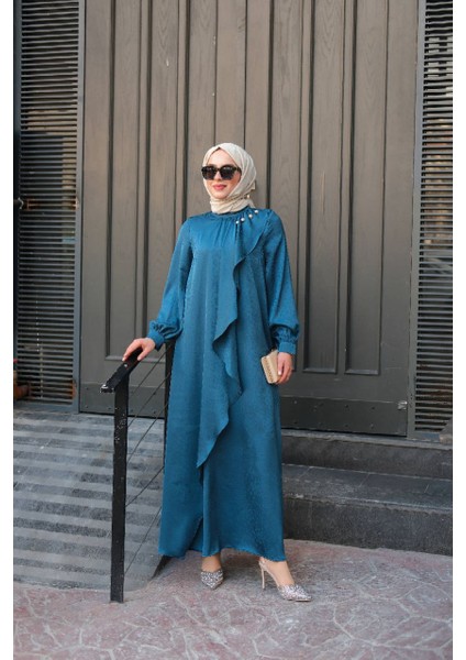 Jakarlı Saten Fırfırlı Abiye Elbise