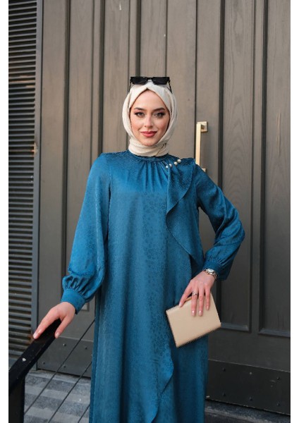 Jakarlı Saten Fırfırlı Abiye Elbise fiyatları