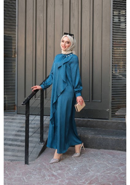 Jakarlı Saten Fırfırlı Abiye Elbise modelleri