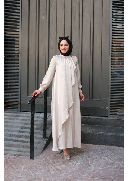 Jakarlı Saten Fırfırlı Abiye Elbise